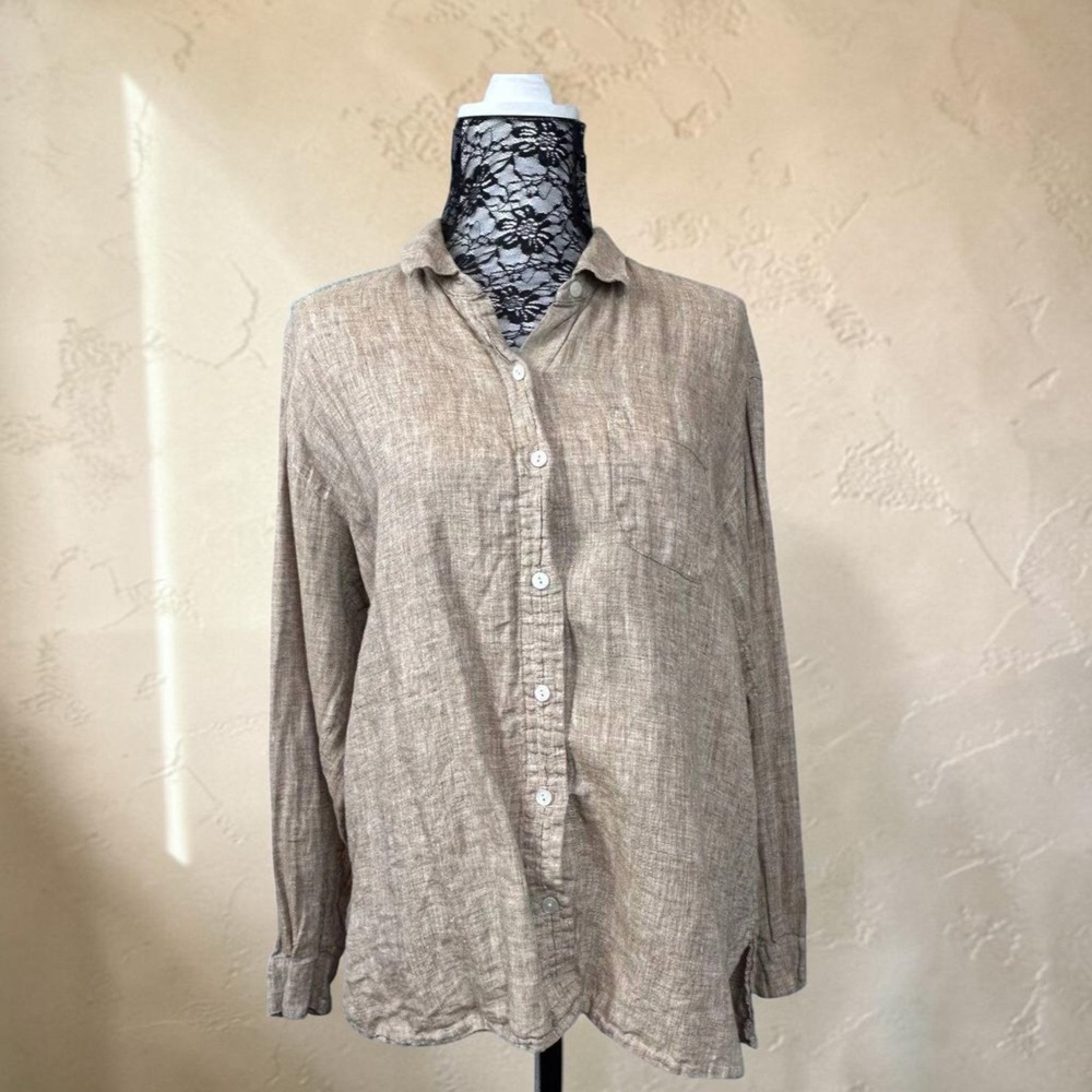 Linen Button Up Shirt Medium Long Sleeve Collared Relaxed Fit‎ Neutral Coastal